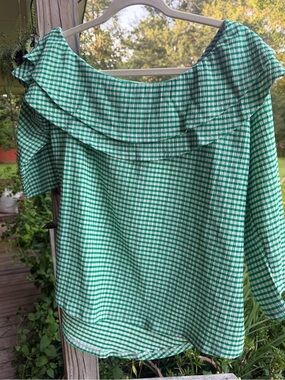 Cato Green Gingham Ruffle Neck Blouse